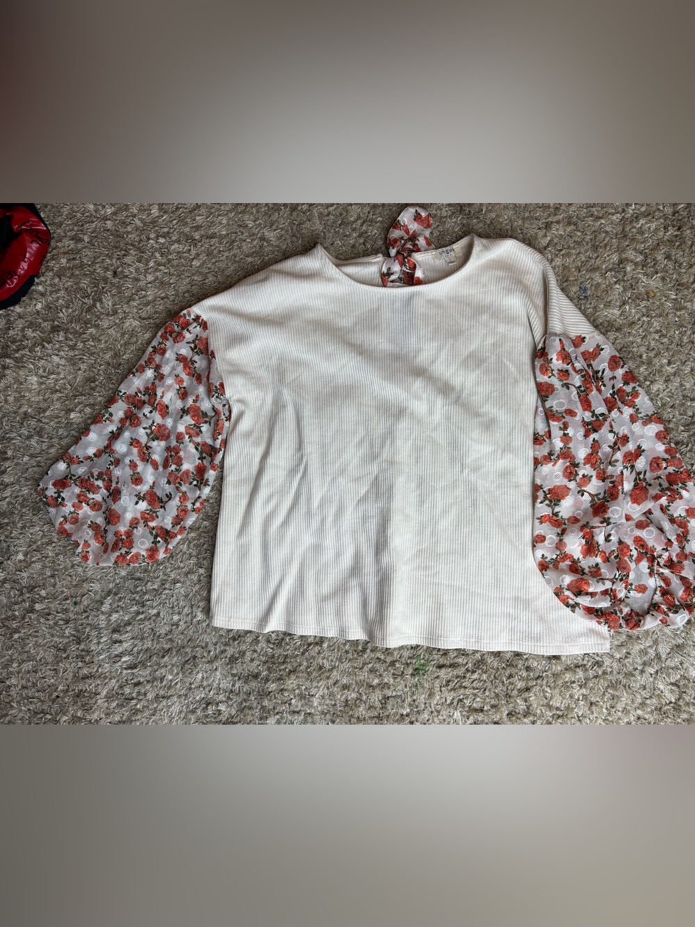 Umgee Cream Knit Top with Floral Puff Sleeves